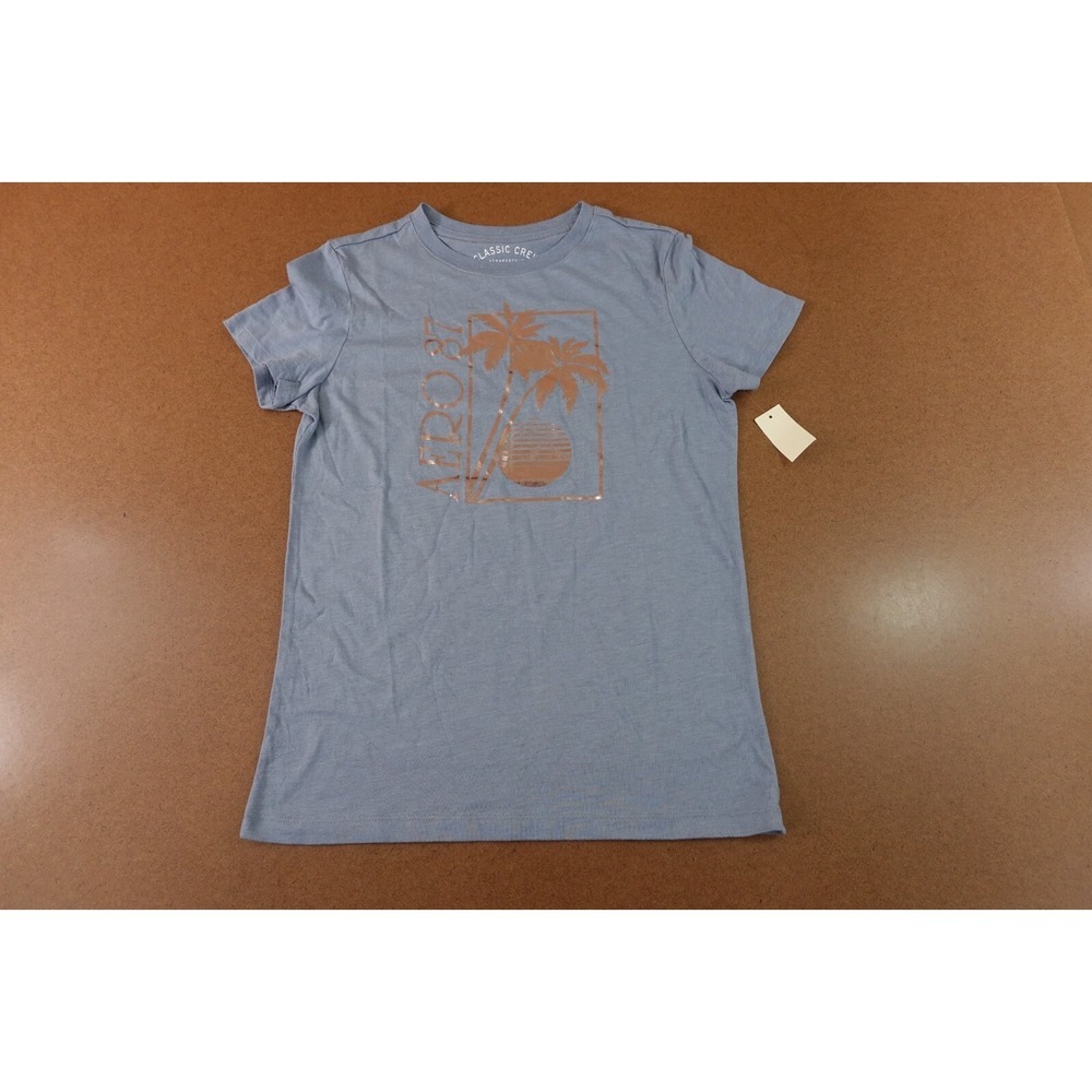 Aeropostale Womens Size Large Blue Short Sleeve Palm Tree Foil Graphic Tee NWT